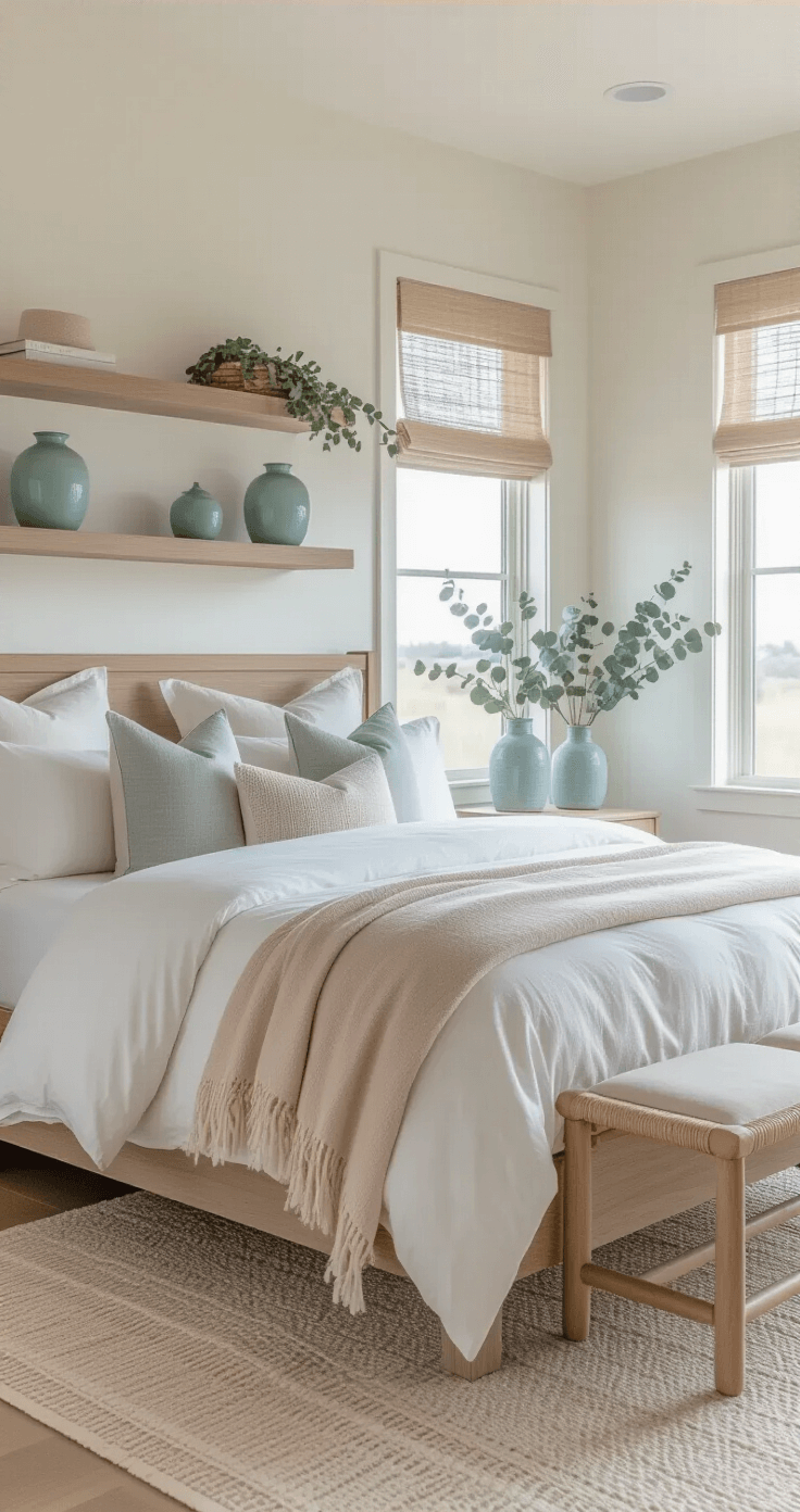Creating a Modern Coastal Master Bedroom: Your Ultimate Styling Guide Sophisticated coastal master bedroom featuring a curated palette of whites, beiges, and grays with blush accents, illuminated by afternoon light, showcasing textured walls, a natural wood bed, layered neutral bedding, and soft blue vases with dried eucalyptus on floating shelves.