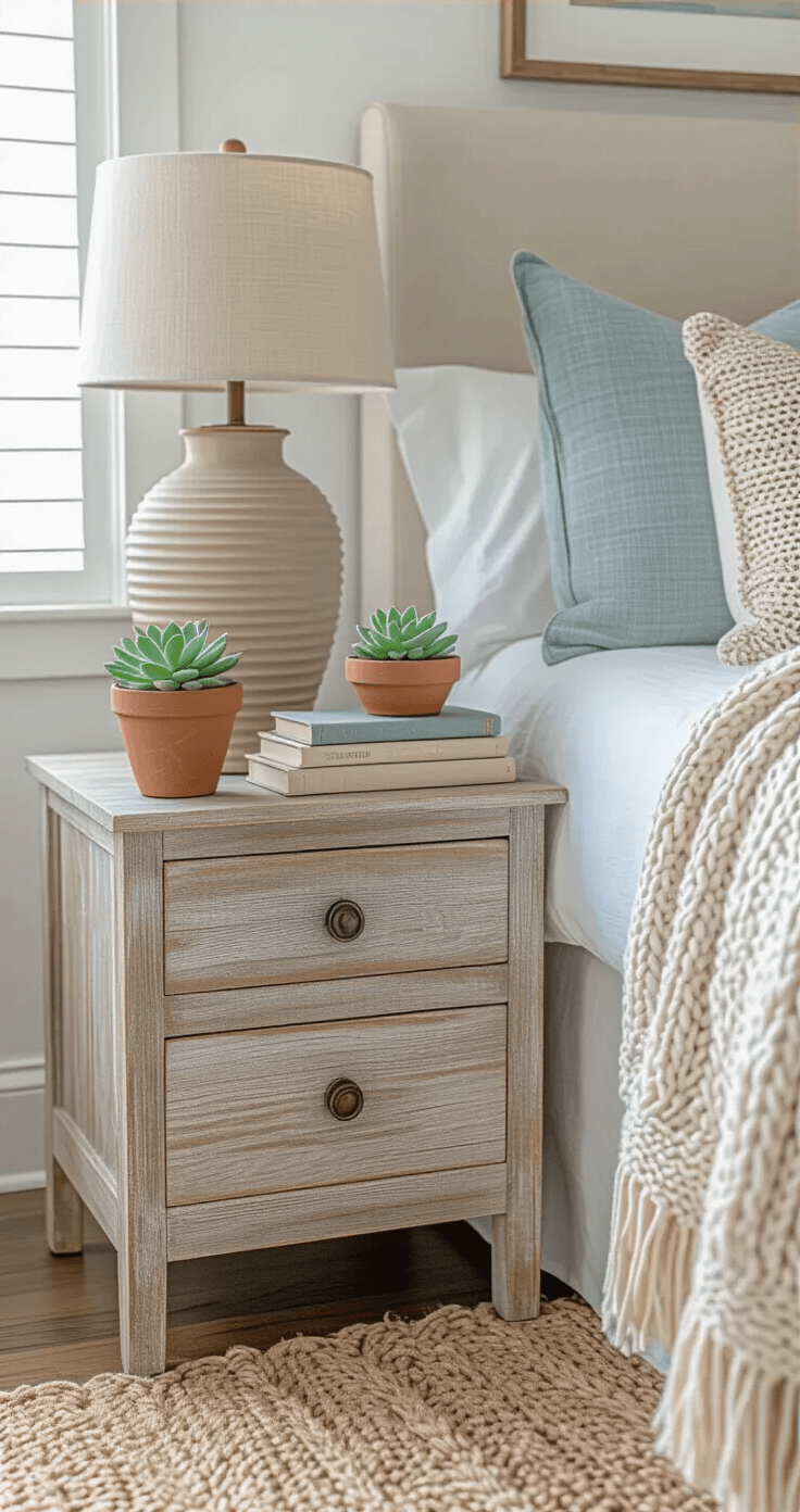 Creating a Modern Coastal Master Bedroom: Your Ultimate Styling Guide Close-up of a coastal bedroom with a weathered wood nightstand featuring a ribbed ceramic lamp, a small succulent in a terra cotta pot, and linen-bound books. Woven throw pillows in cream and soft blue are positioned against an upholstered headboard, with a chunky knit throw draped over the bed corner. Jute rug fibers are visible in the foreground, all beautifully lit by soft window light, emphasizing texture and sophistication.