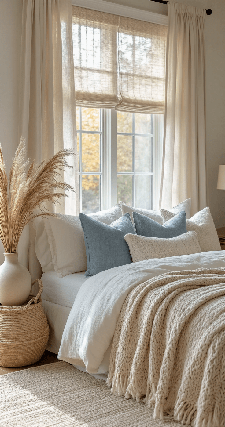 Creating a Modern Coastal Master Bedroom: Your Ultimate Styling Guide A coastal bedroom transformed from summer to autumn, featuring heavier knit blankets in warm cream and taupe, dried grasses in ceramic vases, and throw pillows in sandy hues, with morning light casting cozy shadows across the decor.