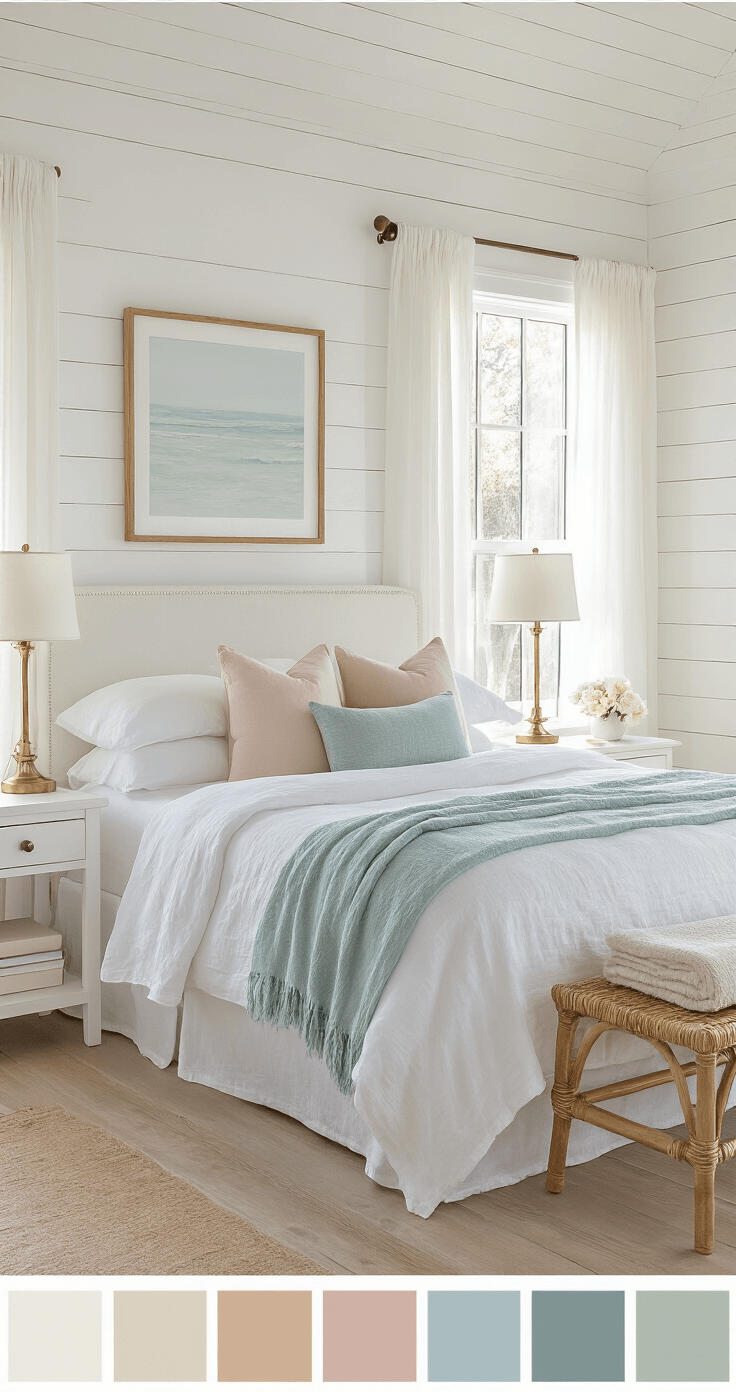 Coastal Granddaughter Bedroom: A Dreamy Sanctuary of Soft Hues and Vintage Charm Photorealistic coastal granddaughter bedroom featuring a white linen-dressed bed, warm golden hour sunlight streaming through sheer white curtains, white shiplap walls, and whitewashed hardwood floors, with layered textures in bedding, a rattan bench at the foot, and ceramic table lamps on nightstands.