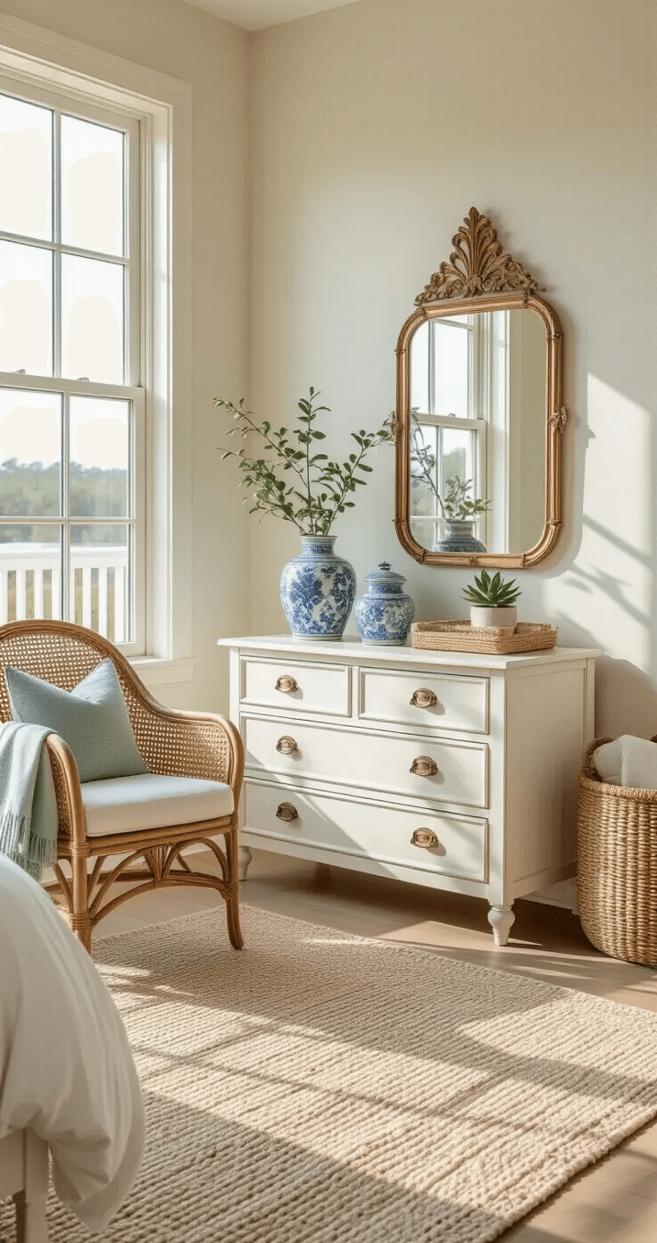 Coastal Granddaughter Bedroom: A Dreamy Sanctuary of Soft Hues and Vintage Charm Wide-angle interior shot of a coastal bedroom featuring a whitewashed dresser, vintage cane-backed chair, and rattan storage basket, all softly illuminated by morning light from east-facing windows, with a jute area rug and stylish decor elements.