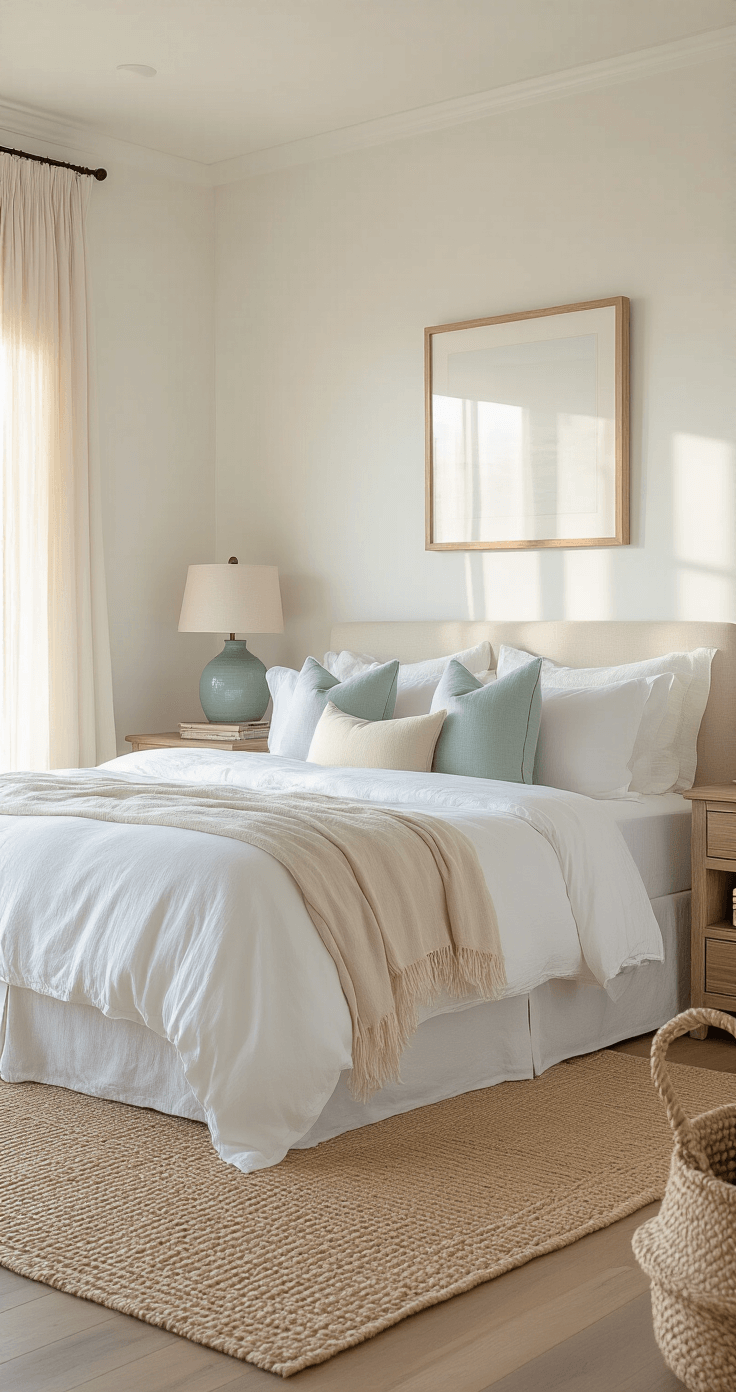 Photorealistic coastal bedroom interior with soft white walls, sandy beige accents, and warm golden hour light filtering through sheer linen curtains, featuring a king bed with crisp white bedding and layered cream linens, accented by soft blue and blush pillows, driftwood nightstands with seafoam green lamps, and a jute area rug, exuding a serene California coastal vibe.