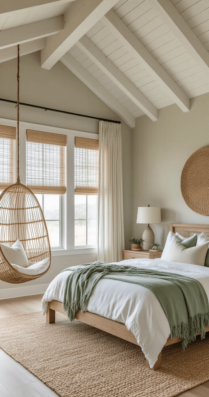 Spacious coastal master bedroom featuring vaulted ceilings with white-washed wood beams, large windows with rattan blinds, an oversized weathered teak bed with white bedding and sage green throws, a rattan hanging chair, and layered textures, all bathed in soft morning light.
