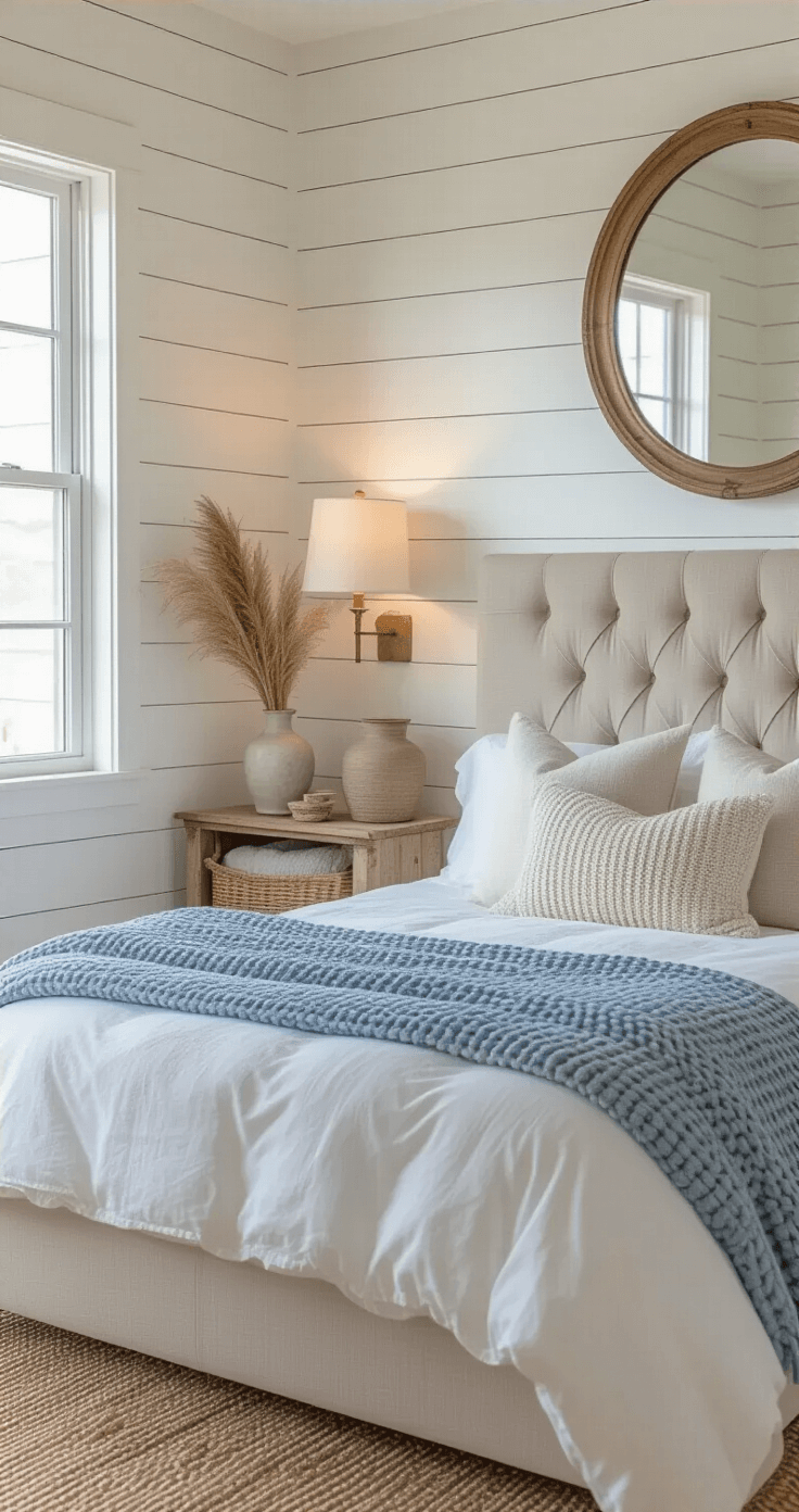 Intimate coastal bedroom nook with soft pearl white shiplap accent wall, cozy queen bed dressed in white percale sheets and dusty blue chunky knit throw, illuminated by a table lamp during blue hour, featuring reclaimed wood shelf with ceramic vessels and pampas grass, vintage brass mirror, sisal runner, and rattan basket for extra pillows, evoking quiet coastal charm and luxury.