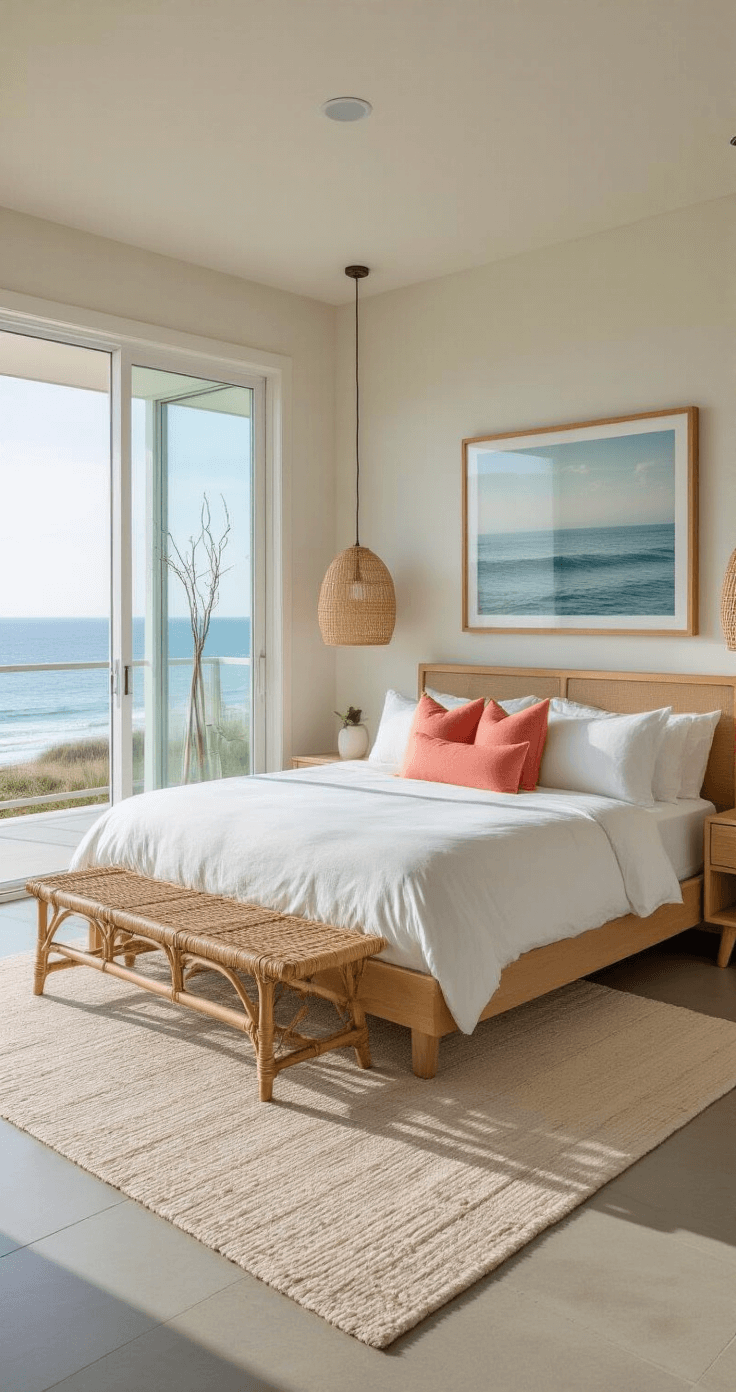 Contemporary coastal bedroom with floor-to-ceiling windows, blonde oak platform bed, white bedding, and coral accent pillow, featuring polished concrete floors and warm white textured walls, illuminated by filtered afternoon light.