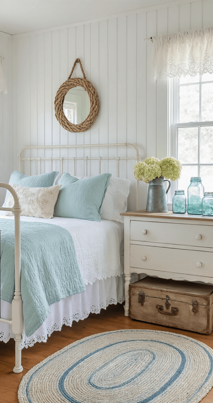 Charming coastal cottage bedroom featuring white beadboard wainscoting, a weathered white iron bed with aqua quilts, a painted wooden dresser with sea glass decor, and vintage nautical elements, all bathed in soft morning light.