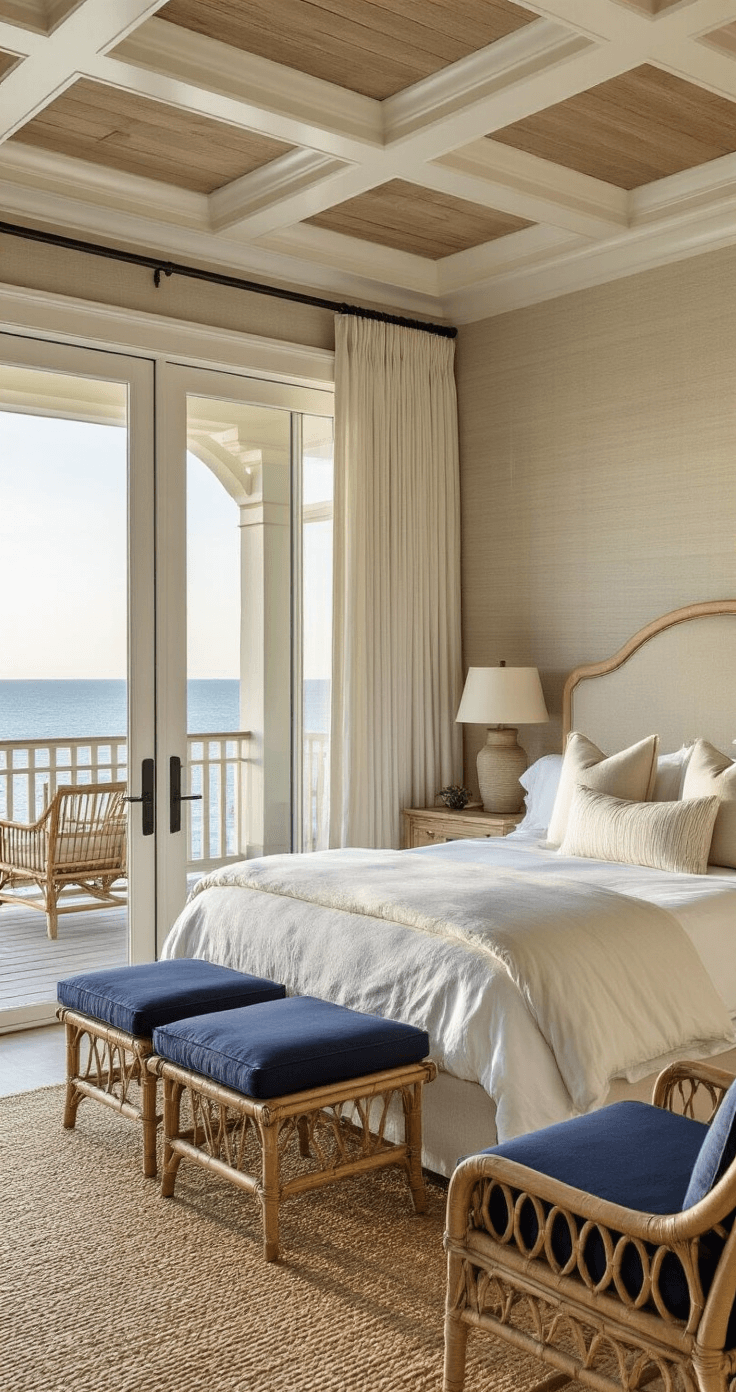 Luxurious coastal bedroom suite featuring a large upholstered bed dressed in white and cream bedding, coffered ceiling, and French doors leading to a private deck, captured during golden sunset hour with rattan lounge chairs and a live-edge wood coffee table in a serene, sophisticated greige palette.