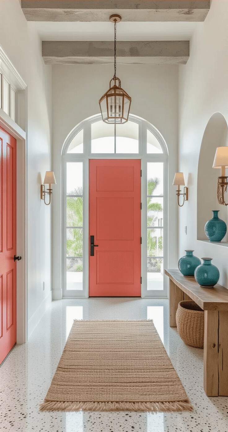 Wide-angle interior view of a modern Florida foyer with white walls, polished terrazzo floors, and natural light illuminating a coral red front door, featuring a concrete beam ceiling, coastal Mediterranean accents, and a woven jute runner.