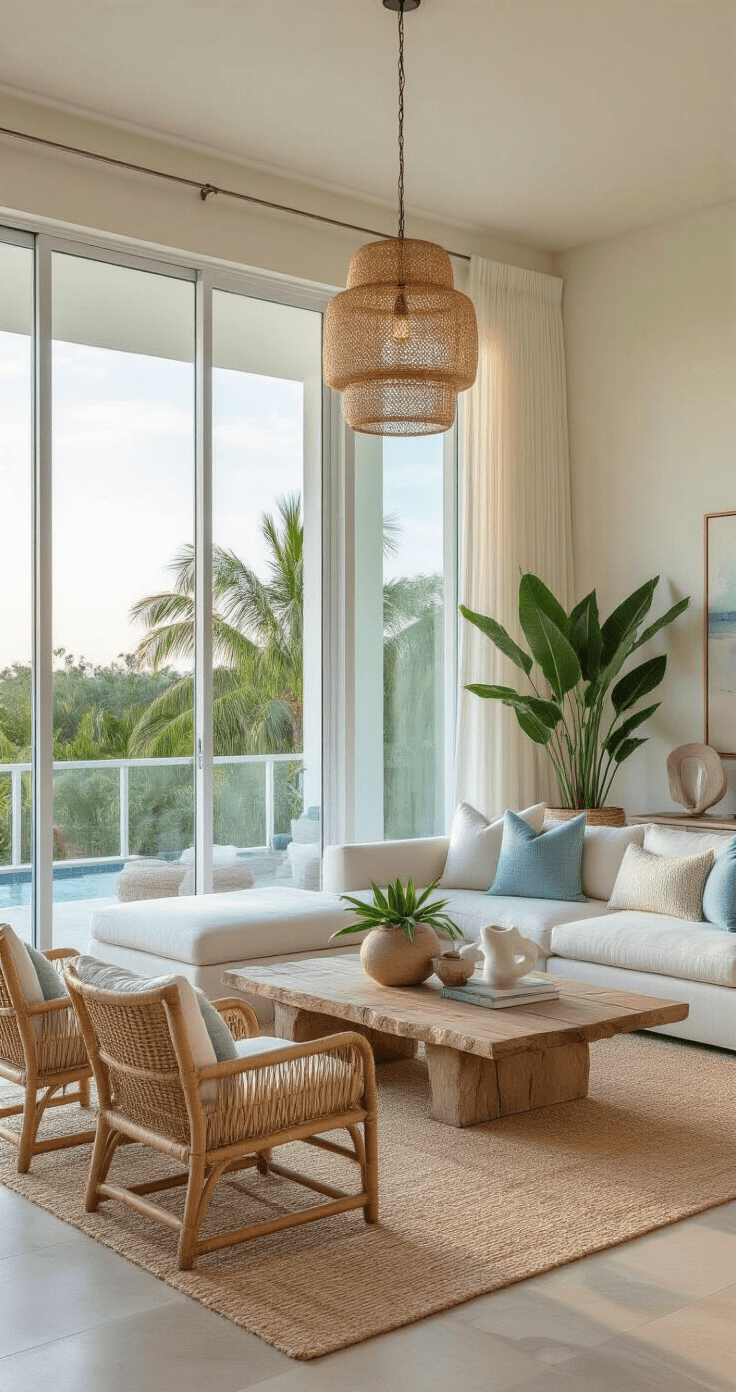 A contemporary Florida living room featuring floor-to-ceiling sliding glass doors with tropical views, illuminated by golden hour lighting. The room showcases modern coastal furniture including a seafoam linen sectional, natural rattan chairs, and a live-edge coffee table, complemented by layered textures of sisal rugs and linen pillows. Decorative elements include ceramic planters with bird of paradise, driftwood sculptures, and blown glass pendant lights in a crisp white and coastal blue color scheme.