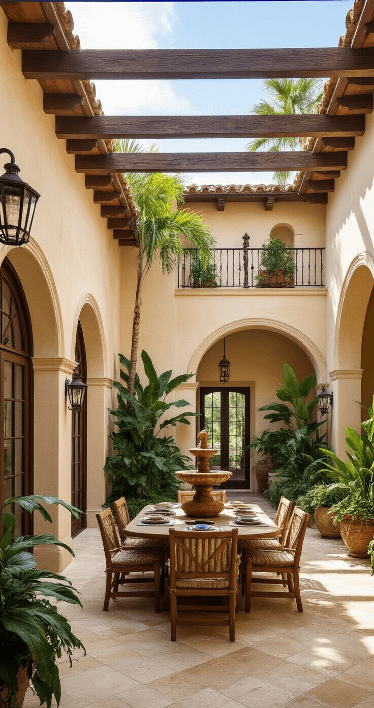 Interior courtyard of a Mediterranean-style Florida home, featuring warm cream stucco walls, terracotta-tiled pergola casting shadows on polished limestone, arched doorways, wrought iron details, and built-in planters with tropical foliage; includes a weathered teak dining set and a fountain centerpiece, showcasing a color palette of cream, terracotta, turquoise, and natural greens.