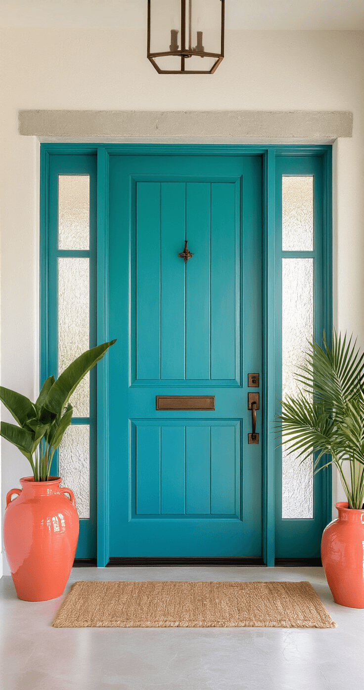 Close-up view of a Florida home's turquoise entryway door featuring bronze hardware, illuminated by morning light. The soft white textured stucco walls and polished concrete floors enhance the warm, welcoming atmosphere, complemented by a coral ceramic umbrella stand and tropical leaf arrangements.