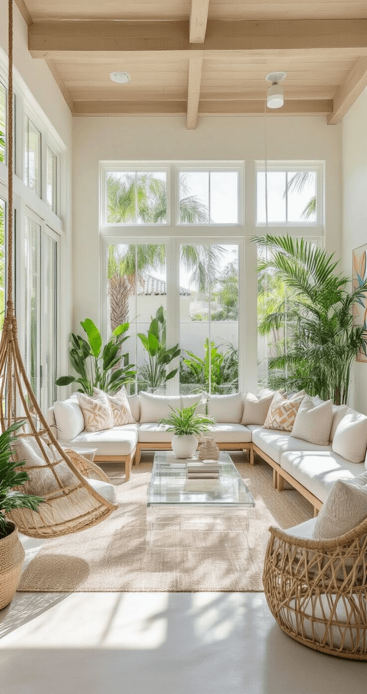 Spacious Florida sunroom featuring hurricane-resistant large windows, bright natural lighting, white-washed concrete block walls, modular seating, an acrylic coffee table, a suspended rattan swing chair, and a white exposed beam ceiling. Decorated with geometric patterned pillows, potted palms, and abstract coastal artwork, showcasing a color palette of pure whites, soft pastels, and natural wood tones, captured in a wide-angle view.