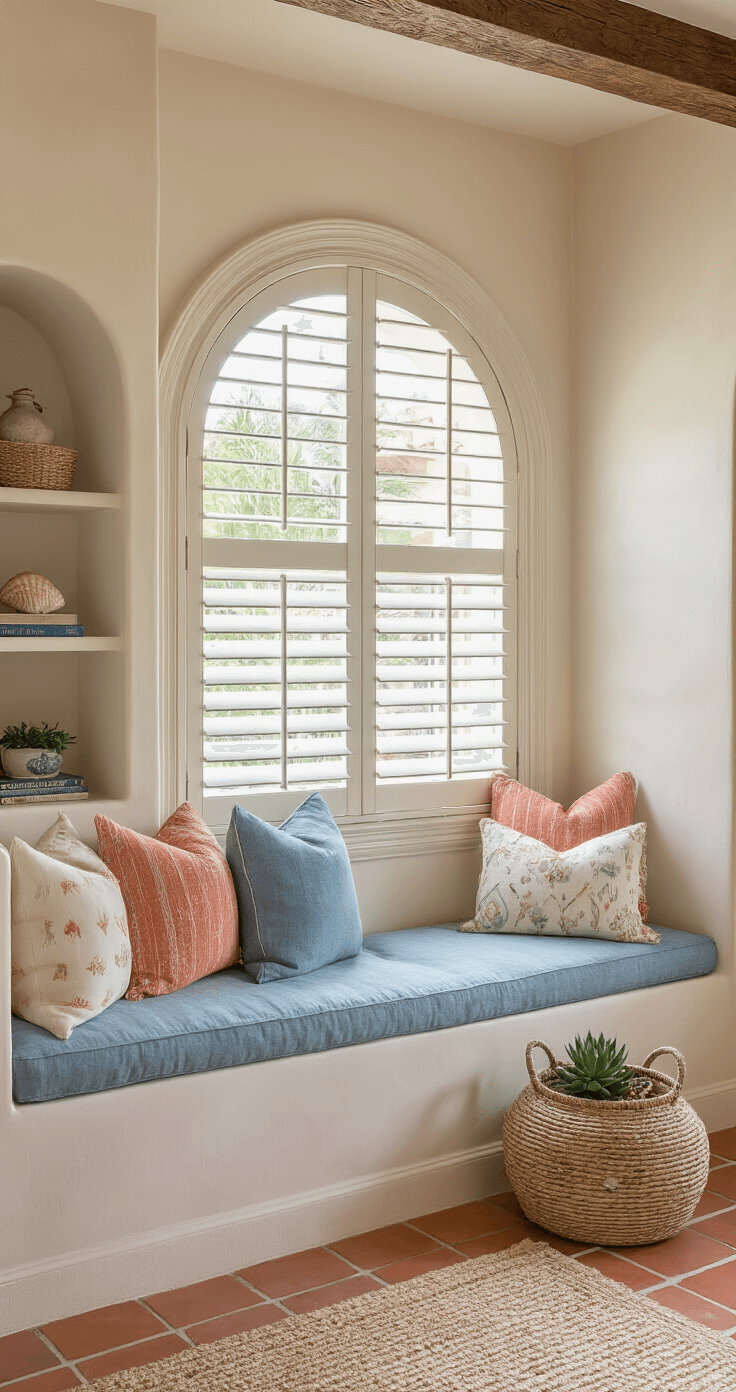 Cozy Florida reading nook featuring a built-in window seat with oceanic blue cushions, coral and cream throw pillows, and a warm terracotta tile floor, illuminated by soft afternoon light filtering through plantation shutters against cream stucco walls.
