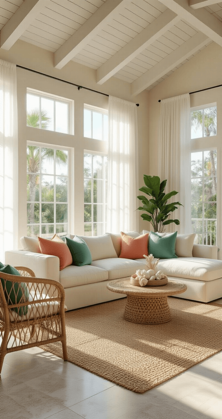 Photorealistic living room interior of a Florida home featuring floor-to-ceiling windows, golden hour sunlight, cream sectional sofa with seafoam green and coral pillows, jute area rug, exposed wooden beams, polished terrazzo flooring, rattan accent chair, driftwood coffee table with seashells, and potted plants, all evoking a relaxed coastal elegance.