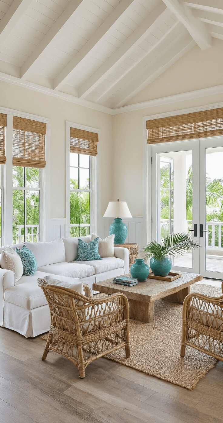 Stunning living space inspired by Florida design, featuring vaulted ceilings, slipcovered sectional, rattan chairs, and natural light flooding in from oversized glass doors leading to an outdoor terrace, with sandy beige walls, reclaimed wood flooring, and tropical decor elements.