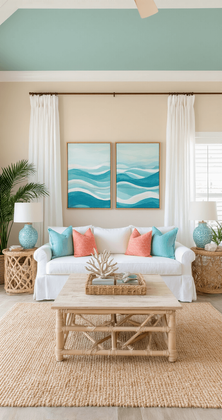 Breathtaking Florida home interior showcasing an open-concept living area with warm sandy beige walls and a soft seafoam green accent wall, featuring a cream slipcovered sofa, colorful throw pillows, and coastal artwork, all bathed in afternoon sunlight.