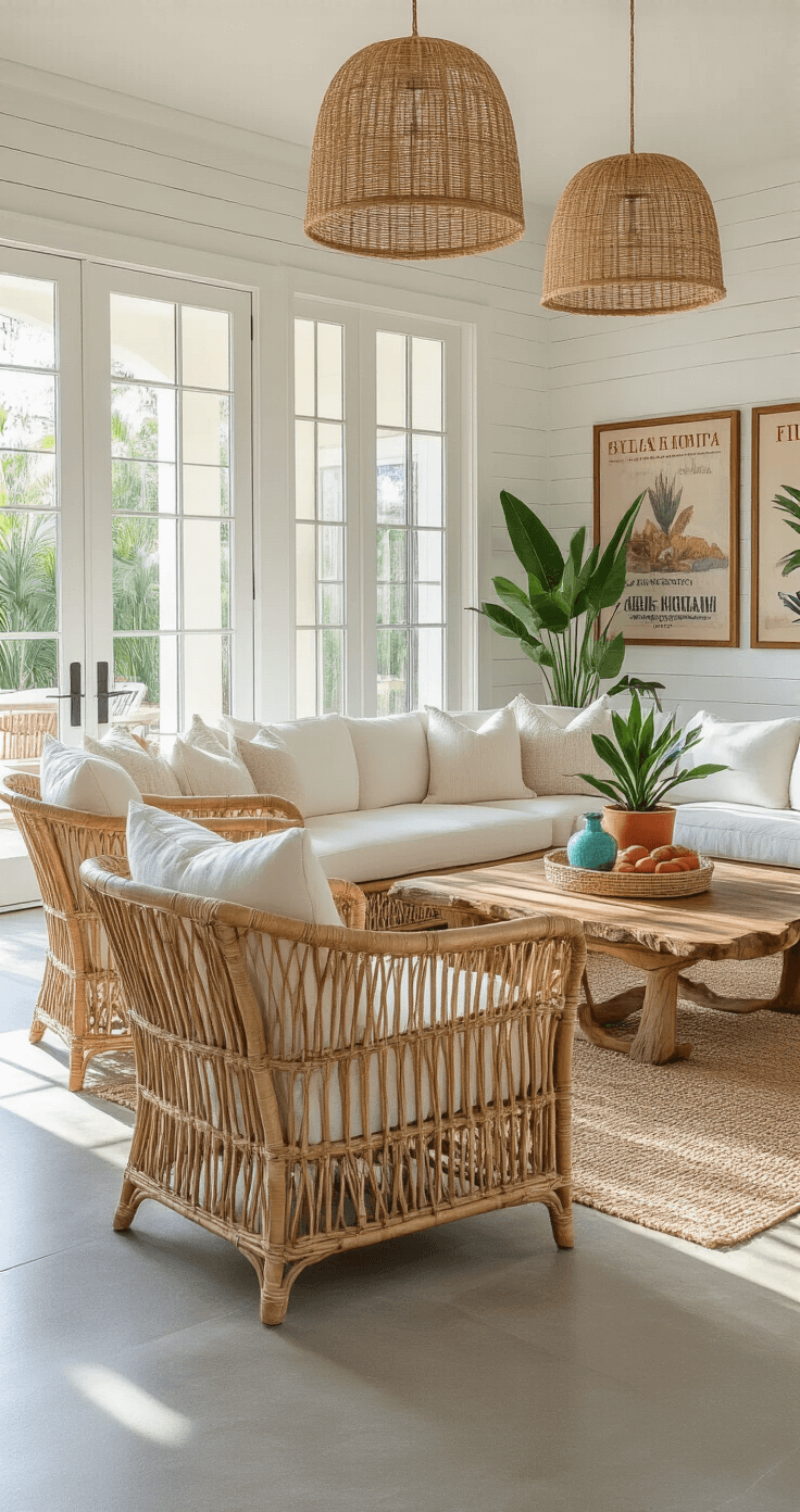 Exquisite living room in Florida showcasing honey-toned rattan chairs and a natural linen sectional, with French doors opening to a covered patio, illuminated by soft morning light casting dramatic shadows, featuring a reclaimed teak coffee table, woven pendant lights, and lush tropical plants.