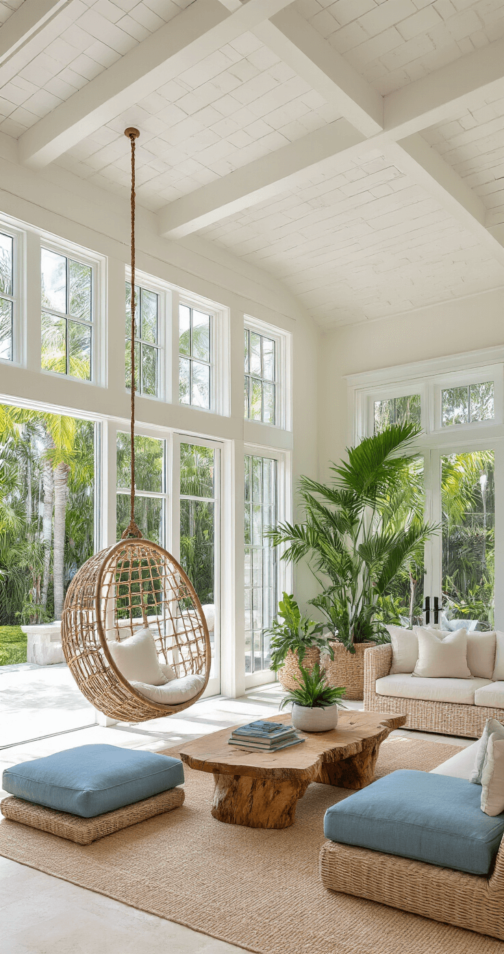 A spacious great room in Florida featuring 10-foot sliding glass walls, polished travertine flooring, and a bright interior that seamlessly flows into a lanai, adorned with tropical plants, weather-resistant seating, and an inviting atmosphere of resort-style living.