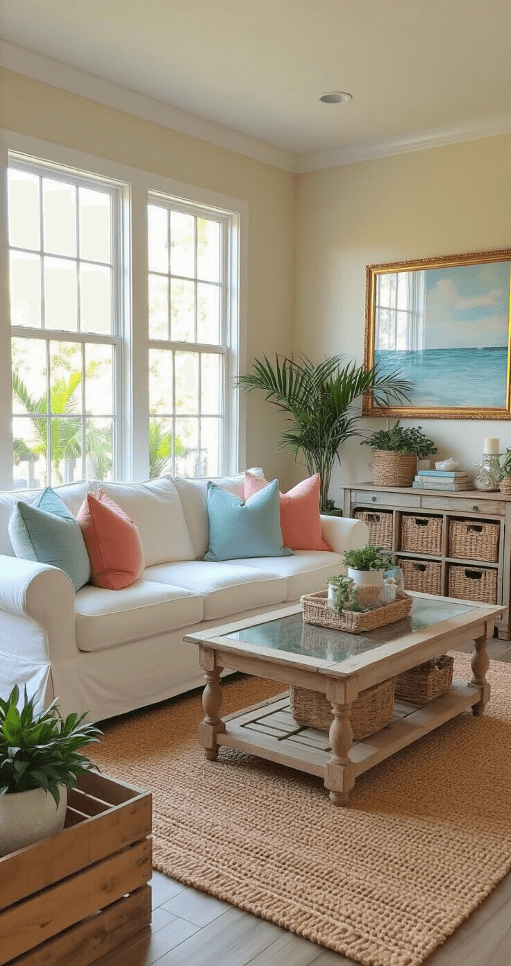 Cozy budget-friendly living room transformation featuring a thrifted cream sofa, DIY driftwood coffee table, gold mirror frames, handmade coastal artwork, jute rug, and vintage planters, bathed in warm golden hour light from large south-facing windows, creating a coastal elegant ambiance.