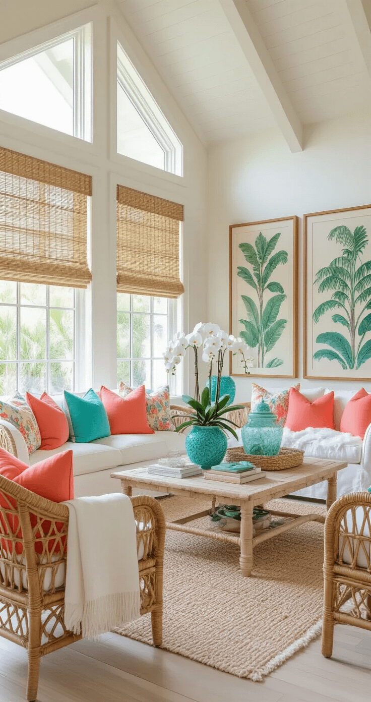 A bright and airy Florida living room with cathedral ceilings, featuring white slipcovered furniture, coral accent pillows, and turquoise ceramic decor, illuminated by soft morning light through bamboo Roman shades, with bleached wood floors and vibrant tropical artwork.
