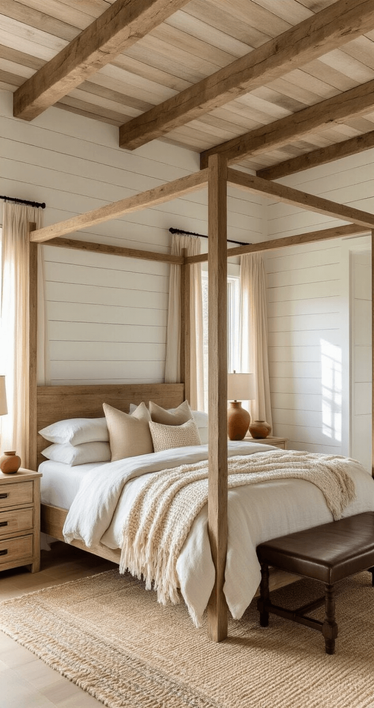 Master bedroom with a reclaimed wood canopy bed, weathered white shiplap walls, and exposed cedar beams, bathed in golden hour sunlight. Decorated with neutral bedding, macramé pillows, a leather bench, distressed nightstands, and a jute rug, creating a serene and sophisticated atmosphere.