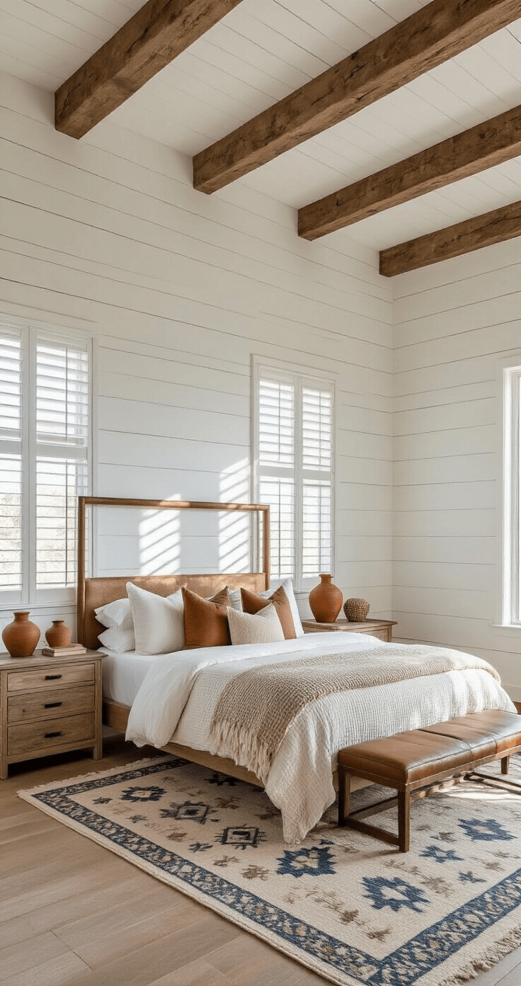 A rustic bedroom featuring a white shiplap accent wall, exposed wood beams, a natural wood canopy bed with neutral linens, and a southwestern geometric rug, accented by terracotta vessels and coastal decor, all illuminated by afternoon sunlight filtering through plantation shutters.
