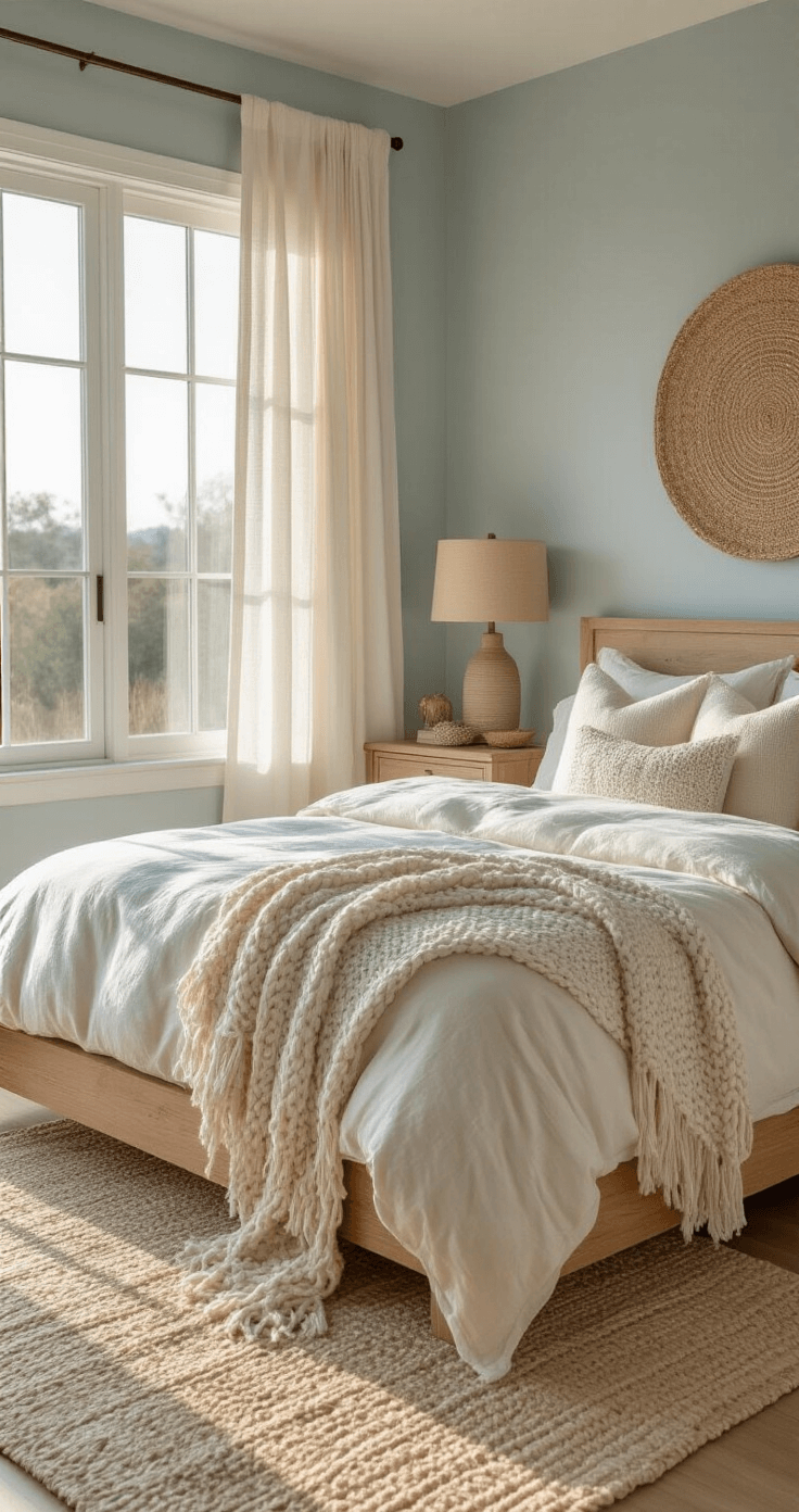 Intimate bedroom scene showcasing creamy whites, warm ivories, and soft blues, illuminated by golden afternoon light through sheer linen curtains. Features a light wood platform bed, organic nightstands, layered textiles, and woven wall art against soft blue walls, evoking a serene coastal atmosphere.