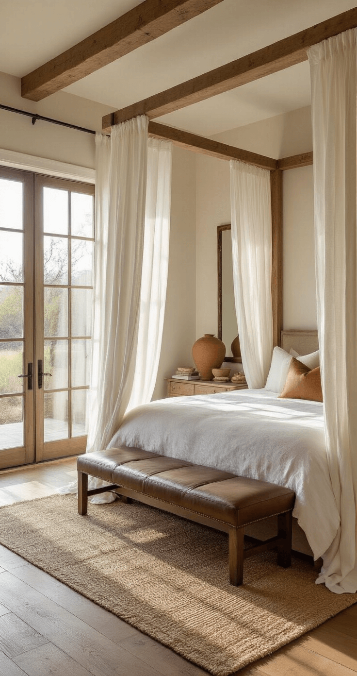 Spacious master bedroom with a natural wood canopy bed dressed in white linen curtains, illuminated by soft sunrise light through oversized windows. A rich brown leather bench complements the cream linen bedding and dark leather accent pillows. Weathered wood floors are layered with jute rugs, while distressed mirrors reflect morning light, alongside terracotta pottery and shell collections, creating a relaxed, luxurious atmosphere.