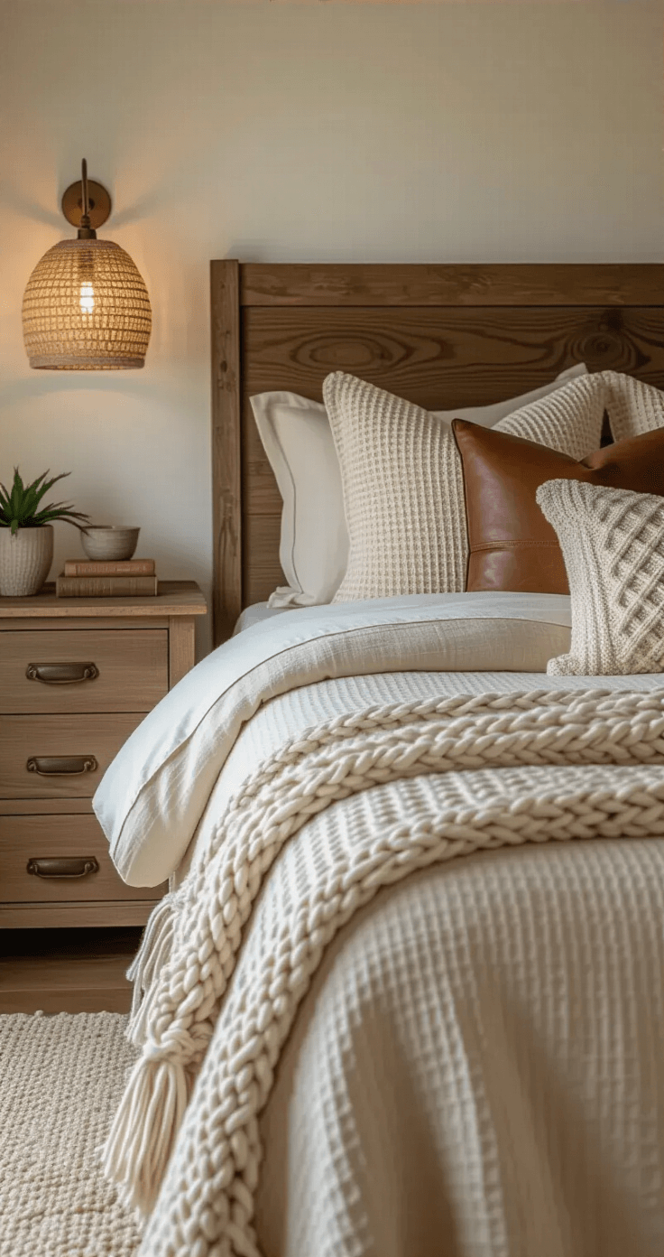 Close-up of a beautifully styled bedroom with layered bedding, featuring natural linen sheets, soft tan waffle knit blankets, intricate macramé throw pillows, and a chunky cream cable knit throw. A dark brown leather accent pillow adds contrast. The reclaimed wood headboard and brass hardware on the nightstand enhance the cozy ambiance created by warm, diffused lighting from woven sconces.