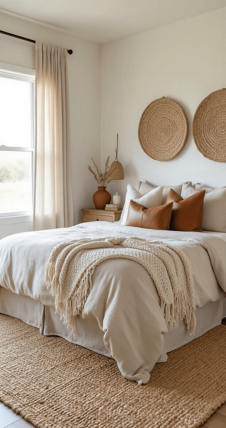 Budget-friendly coastal cowgirl bedroom featuring neutral bedding, macramé throw pillows, a chunky knit blanket, and a jute area rug, enhanced by woven wall art and DIY decor on nightstands, all bathed in warm evening light.