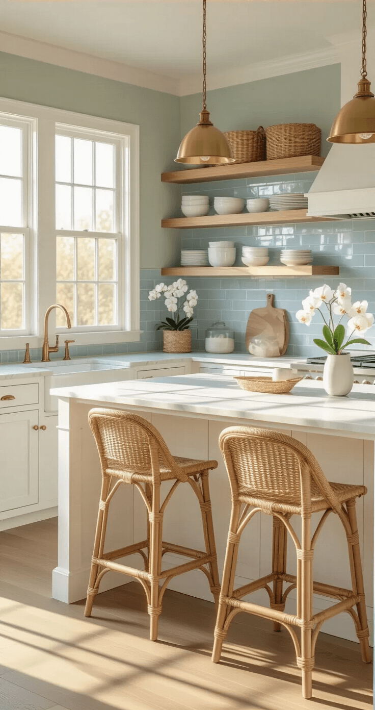 Photorealistic coastal kitchen with white shaker cabinets, pale blue subway tile, and butcher block countertops, featuring natural rattan bar stools, seagrass baskets, and fresh white orchids, illuminated by golden hour sunlight through east-facing windows.