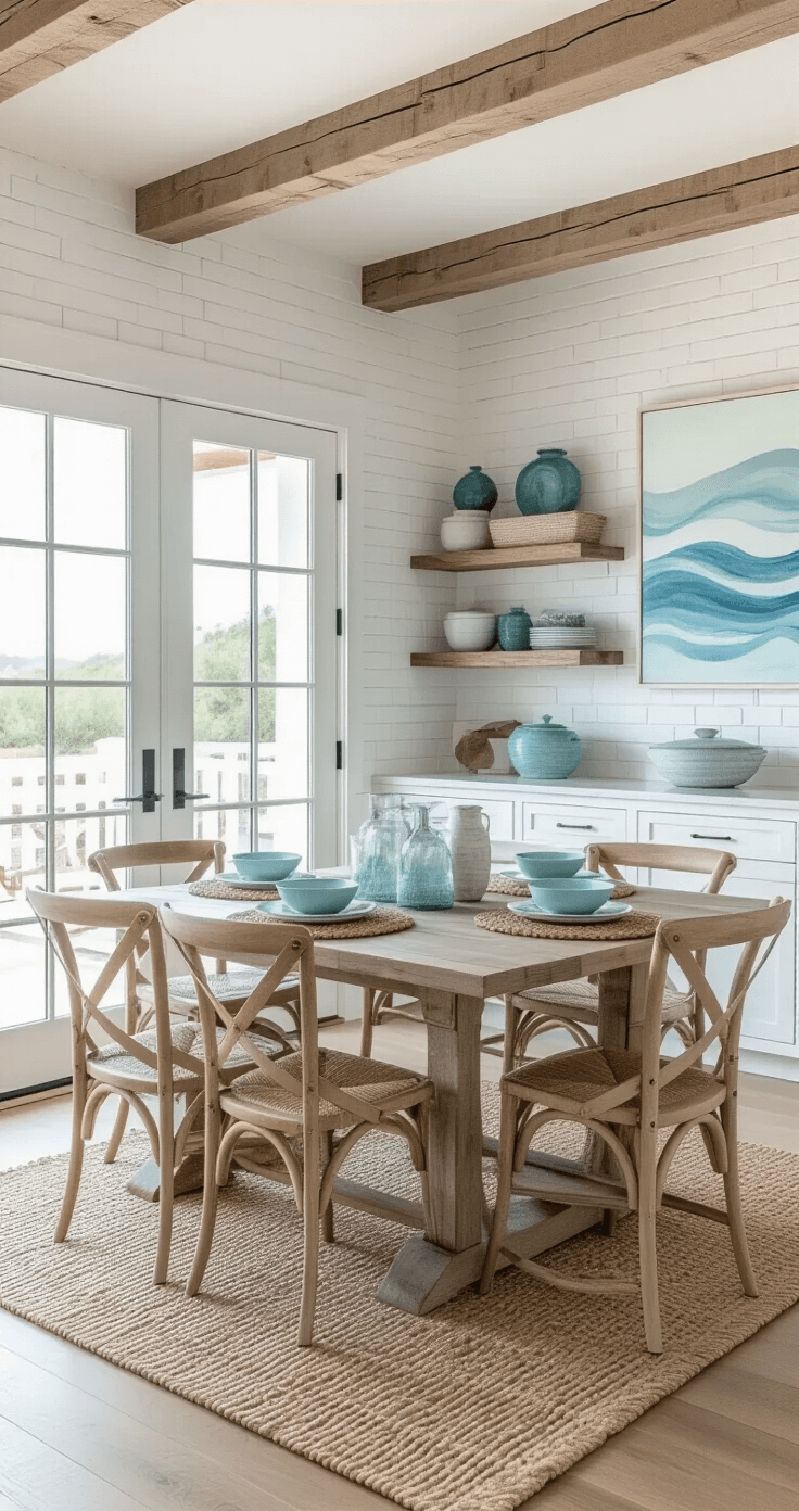 Wide-angle view of a coastal kitchen with white brick walls, driftwood shelves, a teak dining table, and aqua-painted chairs, flooded with natural light from French doors, showcasing marine-inspired decor and organic textures.