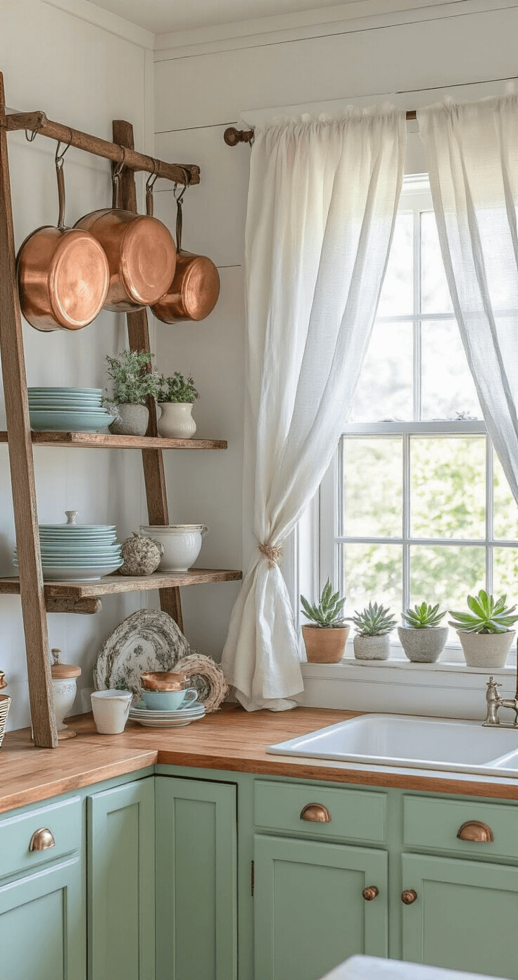 An intimate coastal kitchen transformation featuring freshly painted Benjamin Moore Cloud White walls, a repurposed vintage ladder pot rack with copper cookware, open shelving with mismatched vintage dishes, thrifted glass fishing floats, and mint green lower cabinets with brushed gold hardware, all bathed in soft afternoon light.
