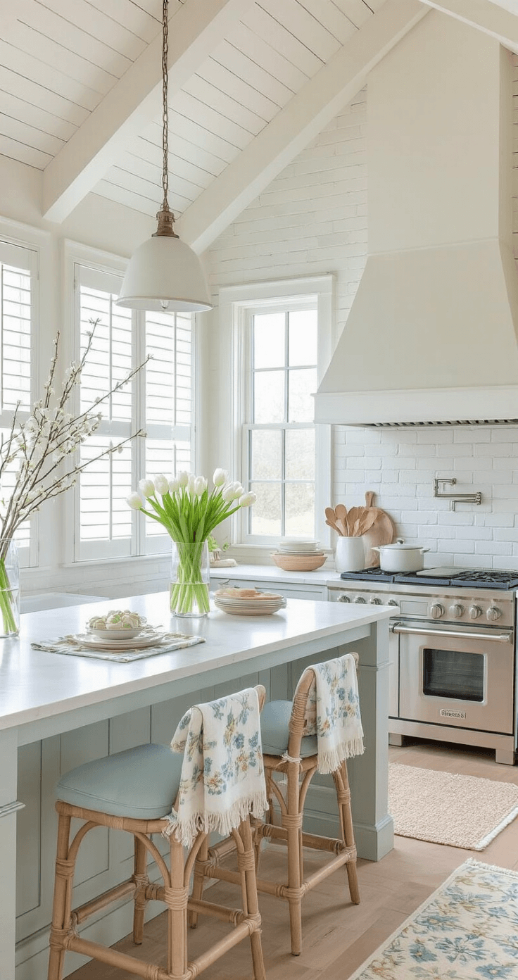 A bright and airy coastal kitchen styled for spring, featuring a farmhouse layout with vaulted ceilings and white-washed beams. Morning light filters through oversized windows adorned with plantation shutters, highlighting pale yellow and seafoam green accents against a core white and blue palette. Fresh white tulips and pussy willow branches in tall glass vases add a touch of nature, while soft floral dish towels and a muted table runner enhance the coastal theme. Natural fiber bar stools with pale blue cushions surround a large kitchen island, complemented by a whitewashed brick accent wall behind the range. Overall, the scene exudes renewed spring energy and gentle coastal sophistication.