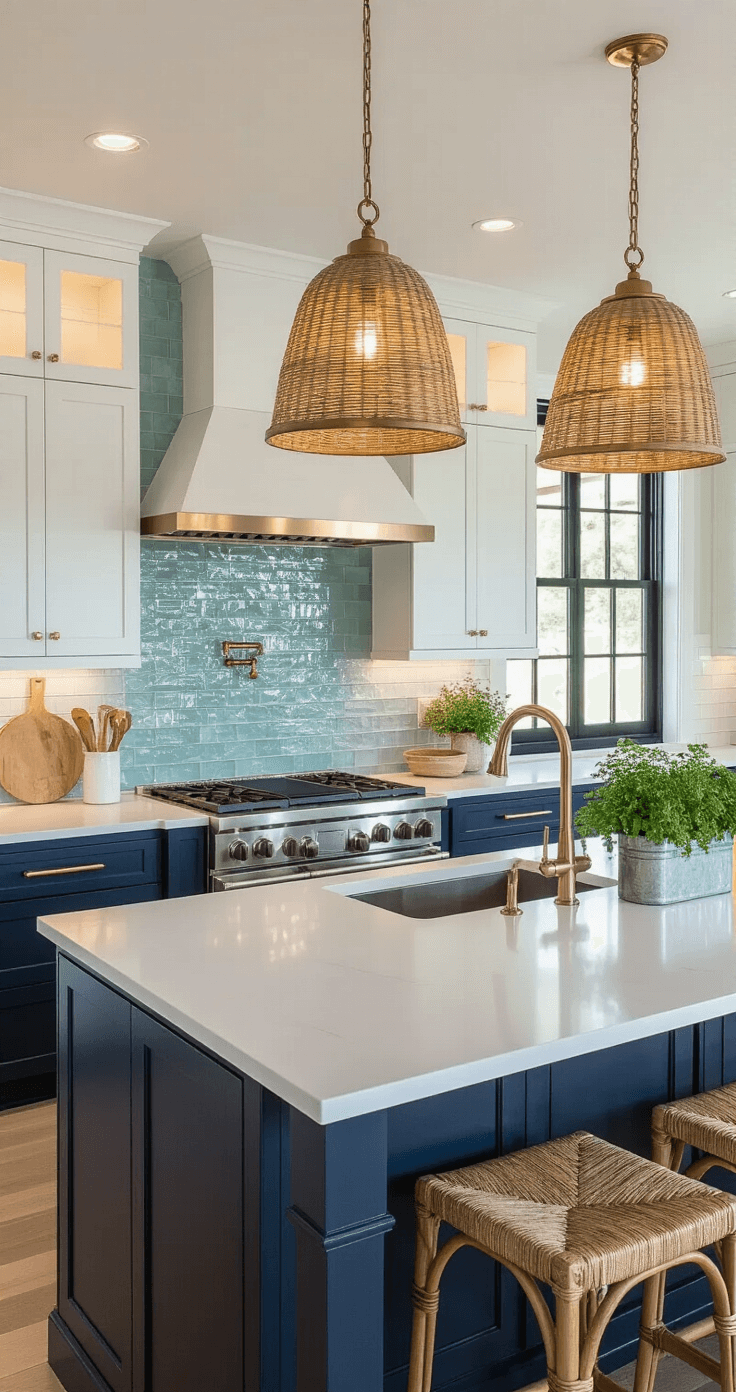 Sophisticated coastal kitchen showcasing an L-shaped layout with white quartz countertops, navy blue lower cabinets, and brass pendant lights, illuminated by late afternoon sun. Under-cabinet LED lights highlight aqua glass tile backsplash, while natural woven shades create shadow patterns. Polished nickel fixtures add elegance, complemented by fresh herbs in galvanized planters. Elevated angle captures warm ambiance and reflections.
