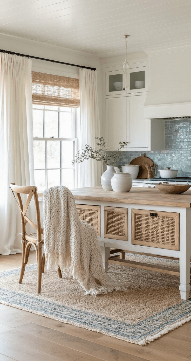 Cozy cottage-style kitchen featuring a tongue-and-groove white ceiling, natural oak floors, and a subtle blue-bordered area rug. Morning light filters through white linen cafe curtains, illuminating woven rattan cabinet door inserts and vintage wooden furniture. Ceramic vessels and wooden cutting boards add texture, while a sea glass mosaic backsplash enhances the aesthetic.