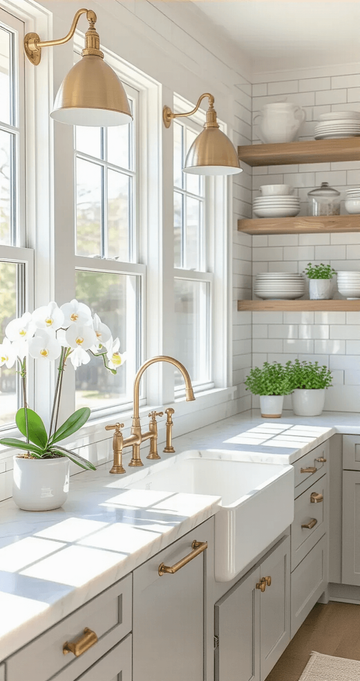 Modern farmhouse coastal kitchen with white marble countertops and pale gray cabinets, featuring open shelving with white ironstone dishes and small potted herbs, accented by brass hardware. Bright light through large windows highlights a single orchid in a ceramic planter against a pristine white subway tile backsplash.