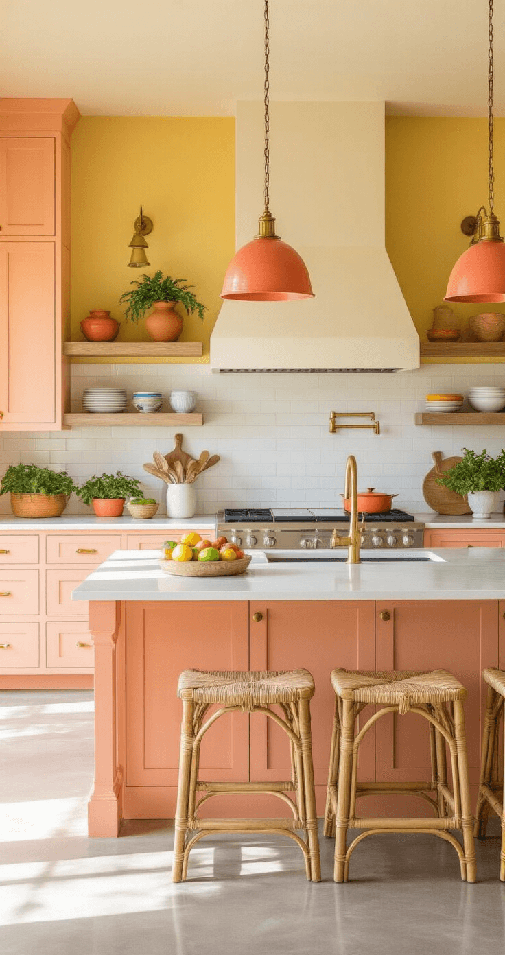 Vibrant Florida kitchen featuring peach cabinetry, yellow accent wall, white quartz countertops, natural wood bar stools, and coral-toned pendant lights, with polished concrete floors reflecting ample afternoon sunlight.