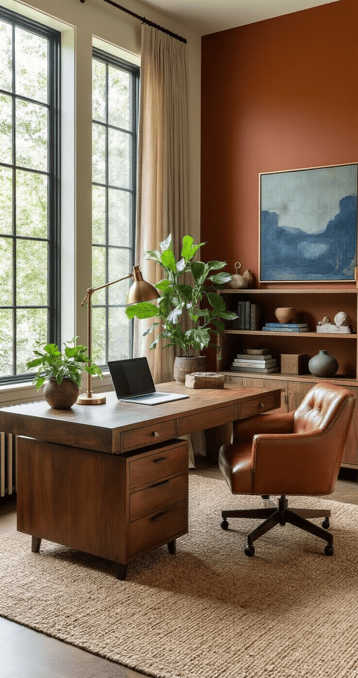 Contemporary home office with warm rust accent wall, earthy brown leather furniture, rich walnut desk, and cognac leather chair, featuring leafy green plants, moody blue artwork, and layered textures, illuminated by late afternoon light through clerestory windows.
