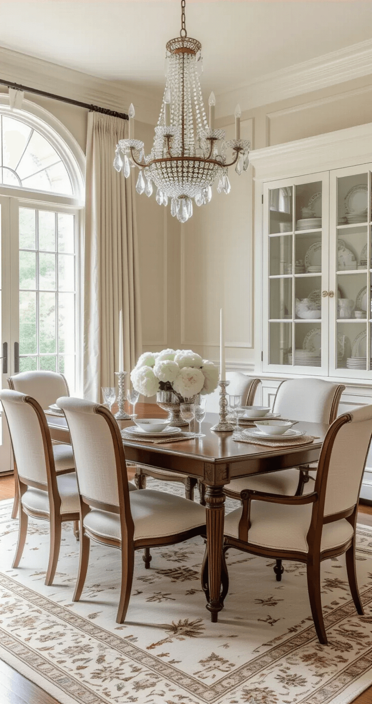 Elegant dining room with soft beige walls, white trim, and large windows, featuring a mahogany table, upholstered chairs, crystal chandelier, and fresh peonies, all illuminated by natural daylight.