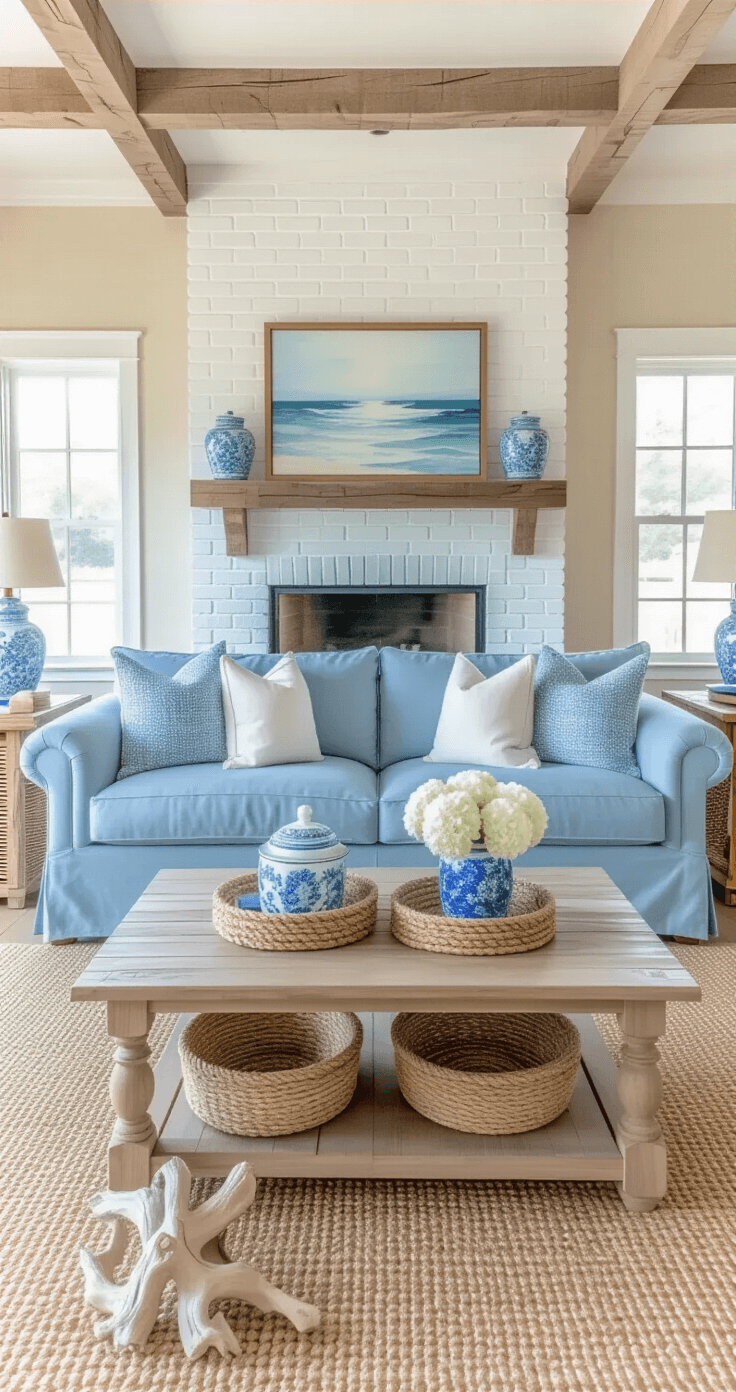 Coastal living space with sky blue sofa, sandy beige walls, white brick fireplace, weathered wood coffee table, and coastal decor, illuminated by bright morning light, featuring natural textures and whitewashed wood floors.