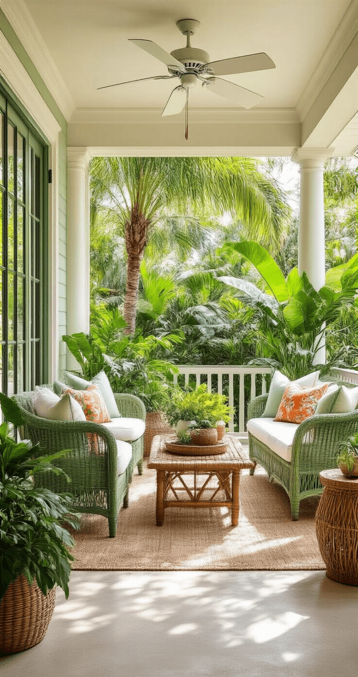 Tropical screened porch with sage green wicker furniture, white cushions, and natural wood accents, featuring dappled sunlight through palm trees on polished concrete floors, potted plants, colorful throw pillows, and bamboo wind chimes, framed by architectural columns and a white ceiling fan, enhancing the resort-like atmosphere with natural textures and fresh tropical flowers.
