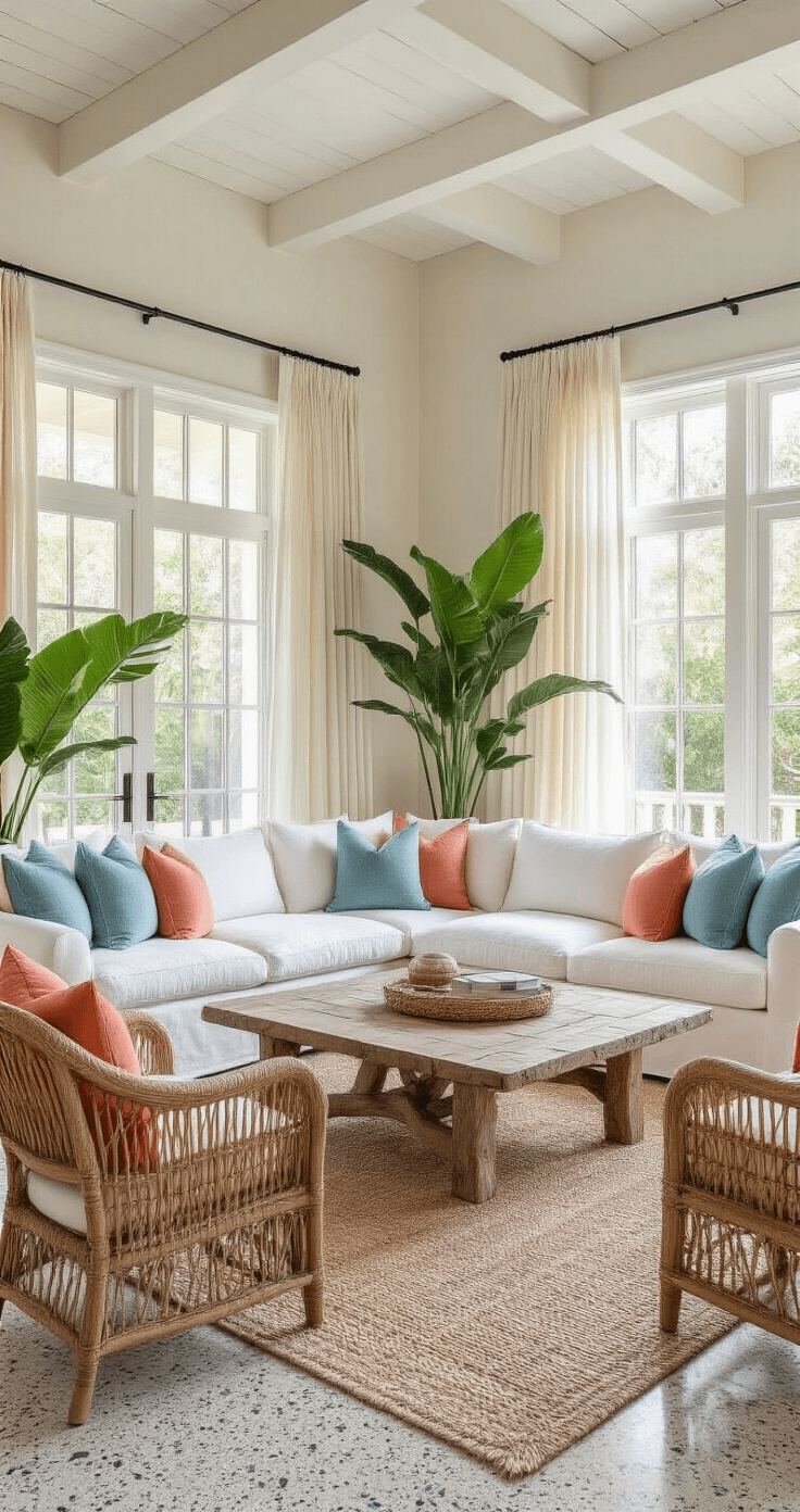 Photorealistic living room with a spacious L-shaped white linen sofa, weathered driftwood coffee table, and floor-to-ceiling windows draped with sheer cream curtains, showcasing 12-foot ceilings, polished terrazzo floors, and mid-morning sunlight. Decor includes oversized ocean blue and seafoam green throw pillows, large potted Areca palms, a jute area rug, and rattan chairs with coral cushions, all captured from a low three-quarter angle.