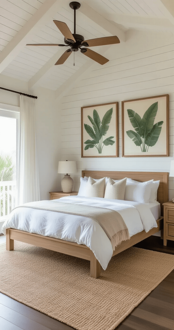 A serene master bedroom bathed in soft dawn light, featuring a king-size teak bed with white linens, a sandy beige throw, and a vaulted ceiling. Large botanical prints adorn the shiplap accent wall, while a woven seagrass rug covers dark hardwood floors. Bamboo nightstands with white ceramic lamps flank the bed, and sheer curtains drape over French doors that open to a private balcony, all under a gently rotating ceiling fan.