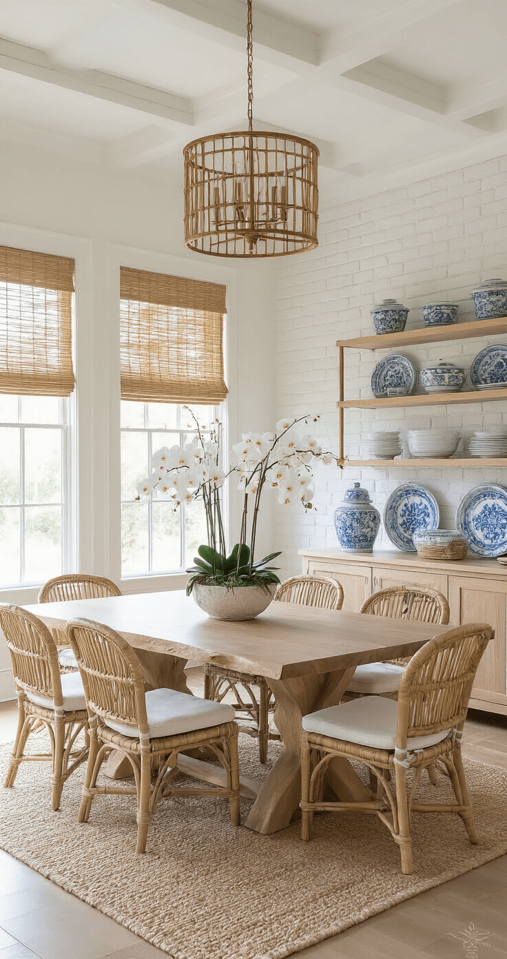 Elegant dining room with a live-edge light oak table and eight woven rattan chairs, featuring geometric light patterns on whitewashed brick walls from bamboo Roman shades. A centerpiece of coral branches and white orchids in a ceramic vase sits atop, complemented by a woven jute rug and a built-in buffet displaying blue and white ceramics. Warm ambient lighting is provided by a brass and rattan chandelier.