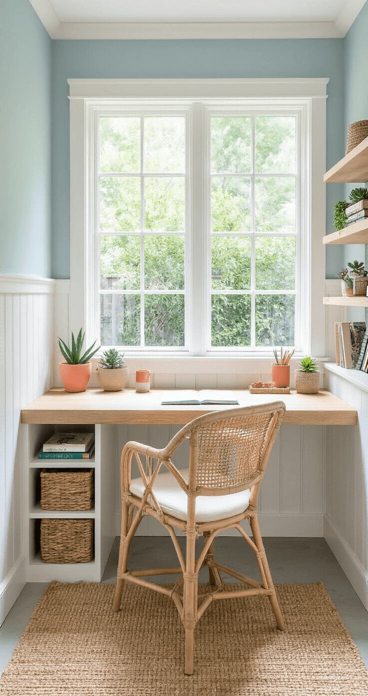 Cozy home office nook with a floating weathered teak desk under a large window, featuring garden views and mid-morning light, accented by white beadboard wainscoting, soft blue walls, and a natural rattan chair. Open shelving displays books and decor, while a sisal rug covers the concrete floor. A ceramic pencil holder, potted palm, and woven basket storage add to the organized workspace.