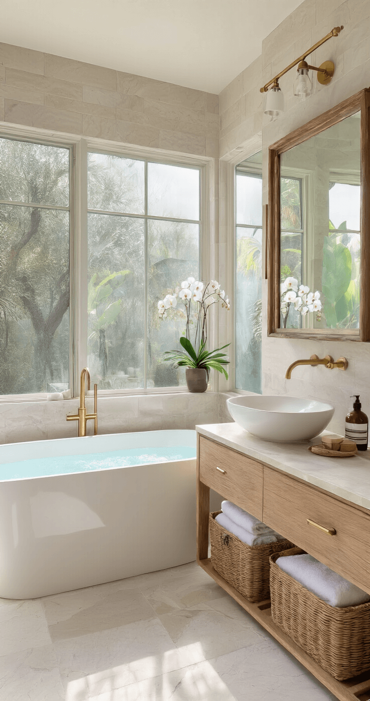 Luxurious bathroom with freestanding matte white soaking tub by floor-to-ceiling frosted windows, warm travertine walls, honed gray marble floors, natural teak floating vanity with white ceramic vessel sink, rattan baskets, large weathered wood mirror, potted orchids and palms, and brass fixtures, all bathed in soft morning light.