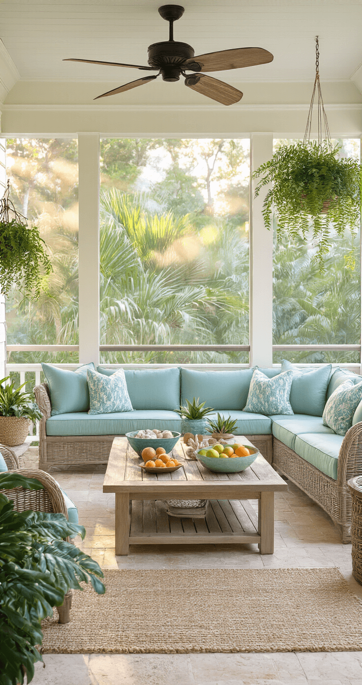 Inviting screened porch with a sectional sofa in seafoam green, travertine tile floor, white tongue-and-groove ceiling, and natural lighting, featuring tropical decor, potted plants, and layered throw pillows.