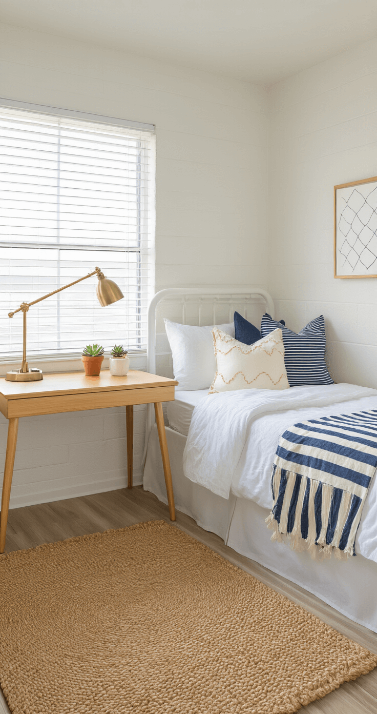 Coastal Granddaughter Dorm: Your Ultimate Styling Guide Photorealistic overview of a coastal-themed dorm room featuring cinderblock walls, a lofted twin XL bed with white linens and decorative pillows, a honey-toned wooden desk with brass lamp, and seashell motif wallpaper, all illuminated by warm golden hour sunlight from a west-facing window.