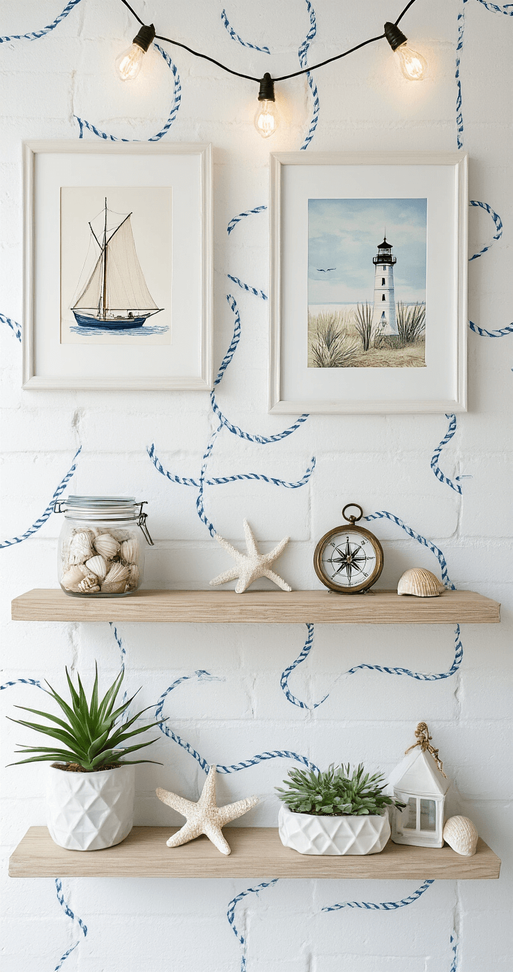 Coastal Granddaughter Dorm: Your Ultimate Styling Guide A bright coastal-themed vignette featuring a white cinderblock wall with nautical rope peel-and-stick wallpaper, a gallery wall of coastal art prints, and a whitewashed floating shelf with decorative items. Warm Edison string lights add subtle backlighting, creating an inviting atmosphere.